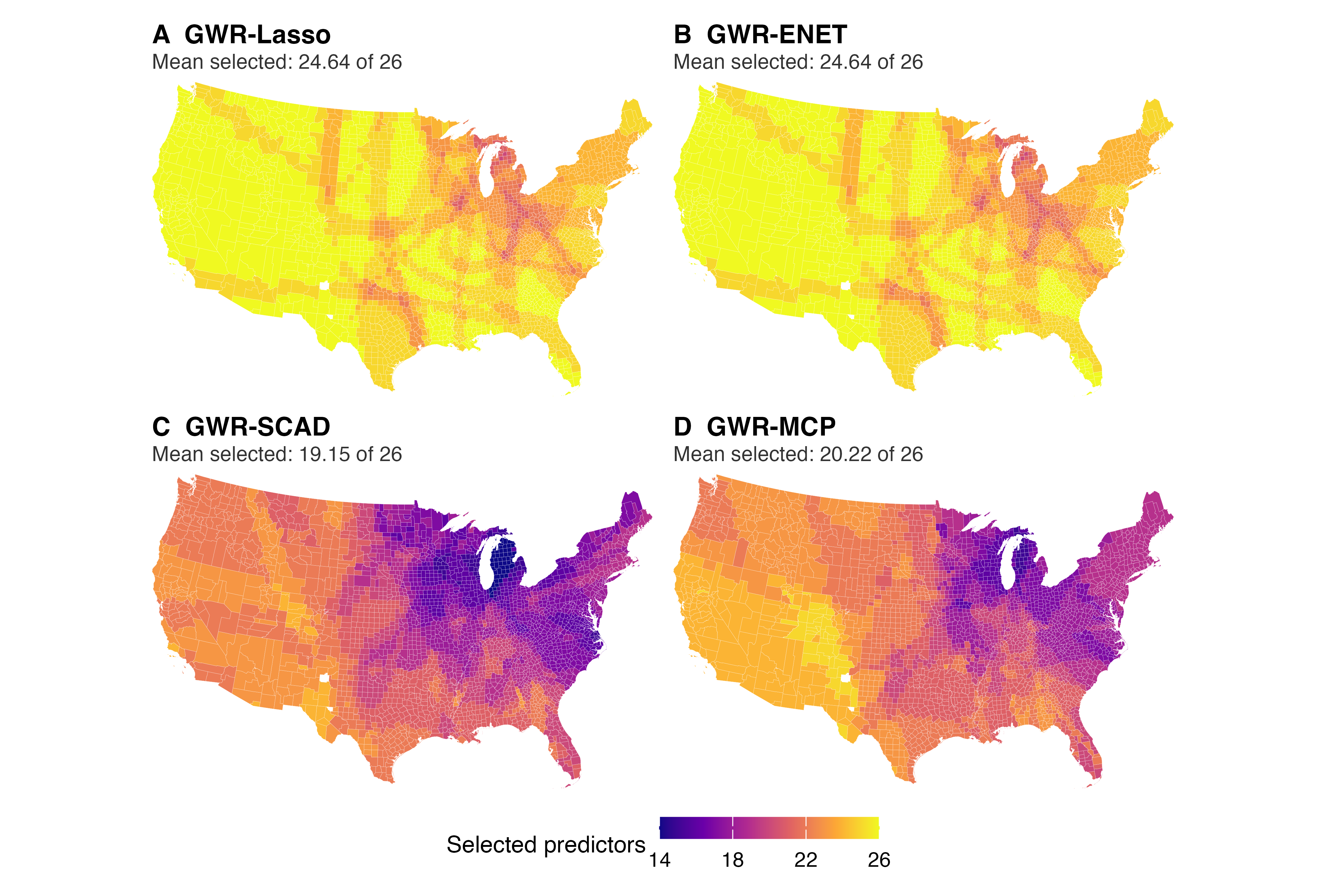 County maps of selected predictor counts for GWR-Lasso, GWR-ENET, GWR-SCAD and GWR-MCP.